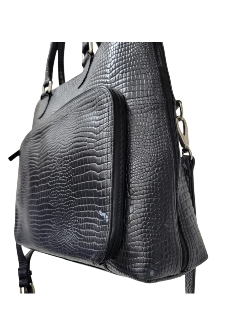 Levenger Crocodile Embossed Genuine Leather Messenger Briefcase Crossbody Bag